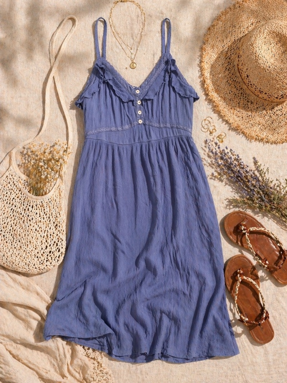 Doe & Rae Blue Boho Midi Dress Size L Rayon Cottagecore Summer